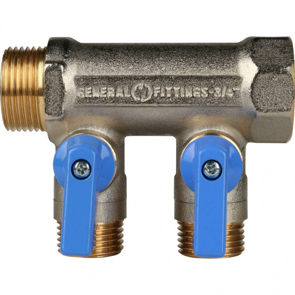 SMB 6201 341202 STOUT Коллектор с шаровыми кранами 3/4 , 2 отвода 1/2  (синие ручки) (620056N0504B2B)