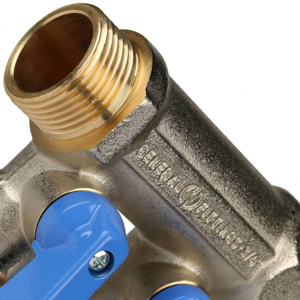 SMB 6201 341202 STOUT Коллектор с шаровыми кранами 3/4 , 2 отвода 1/2  (синие ручки) (620056N0504B2B)