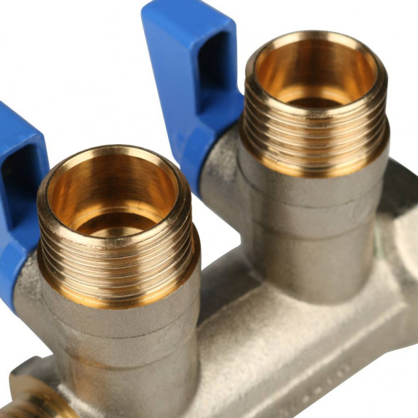 SMB 6201 341202 STOUT Коллектор с шаровыми кранами 3/4 , 2 отвода 1/2  (синие ручки) (620056N0504B2B)