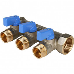 SMB 6201 341203 STOUT Коллектор с шаровыми кранами 3/4 , 3 отвода 1/2  (синие ручки) (620056N0504B3B)