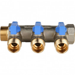 SMB 6201 341203 STOUT Коллектор с шаровыми кранами 3/4 , 3 отвода 1/2  (синие ручки) (620056N0504B3B)