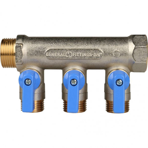 SMB 6201 341203 STOUT Коллектор с шаровыми кранами 3/4 , 3 отвода 1/2  (синие ручки) (620056N0504B3B)