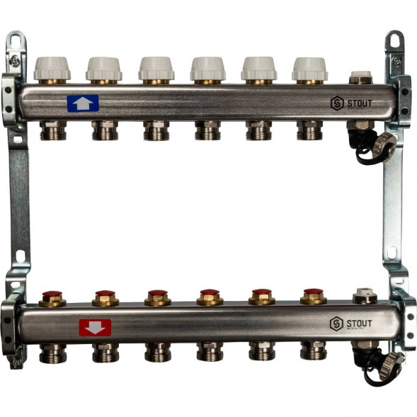 SMS-0932-000006 STOUT Коллектор из нержавеющей стали без расходомеров, с клапаном вып. воздуха и сливом 6 вых.