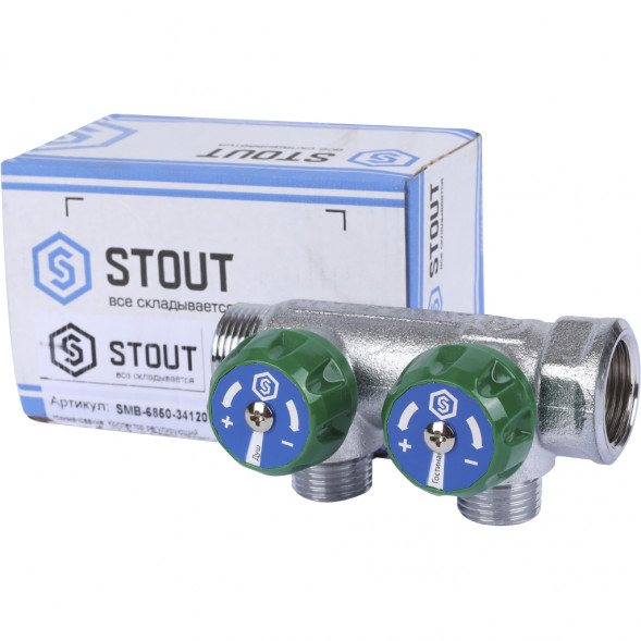 SMB-6850-341202 STOUT Коллектор регулирующий 3/4 , 2 отвода 1/2 под компрессионный фитинг для полимерных труб
