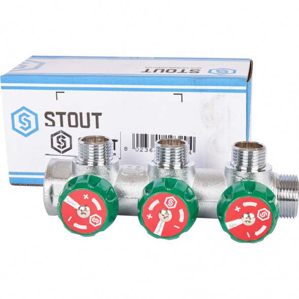 SMB-6850-341203 STOUT Коллектор регулирующий 3/4 , 3 отвода 1/2 под компрессионный фитинг для полимерных труб