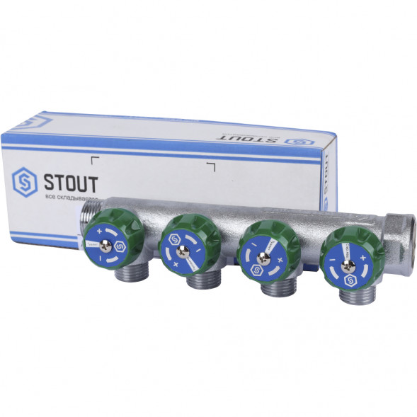 SMB-6850-341204 STOUT Коллектор регулирующий 3/4 , 4 отвода 1/2 под компрессионный фитинг для полимерных труб
